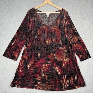 Catherines Top Womens 2X Red Black Burnout Velvet Floral Tunic 3/4 Sleeve Vamp